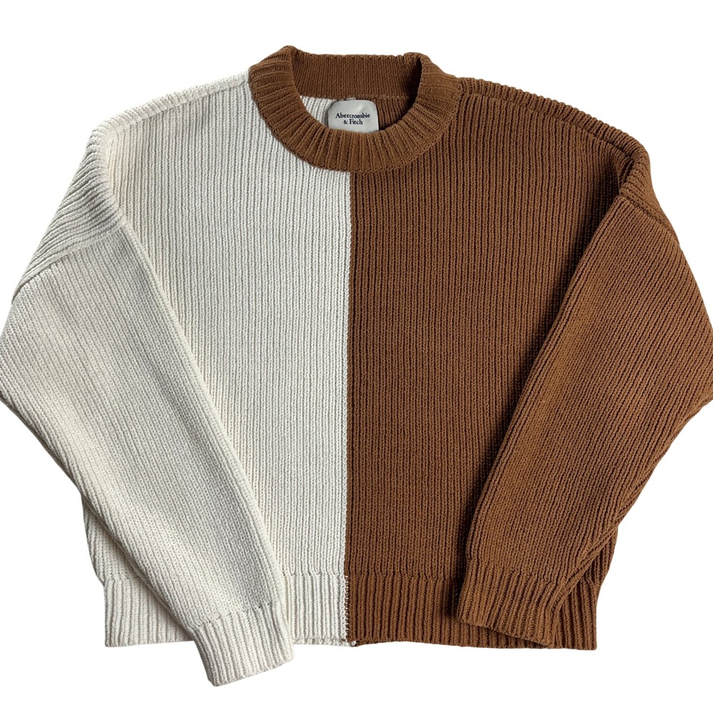 Abercrombie‎ & Fitch Colorblock Chenille Crewneck Sweater Brown Cream M